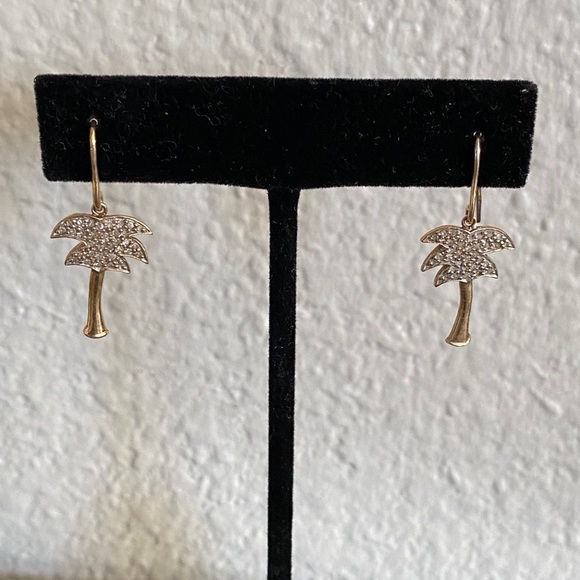 10K Pave Diamond Palm Tree Tropical Dangle Earrings Yellow Gold